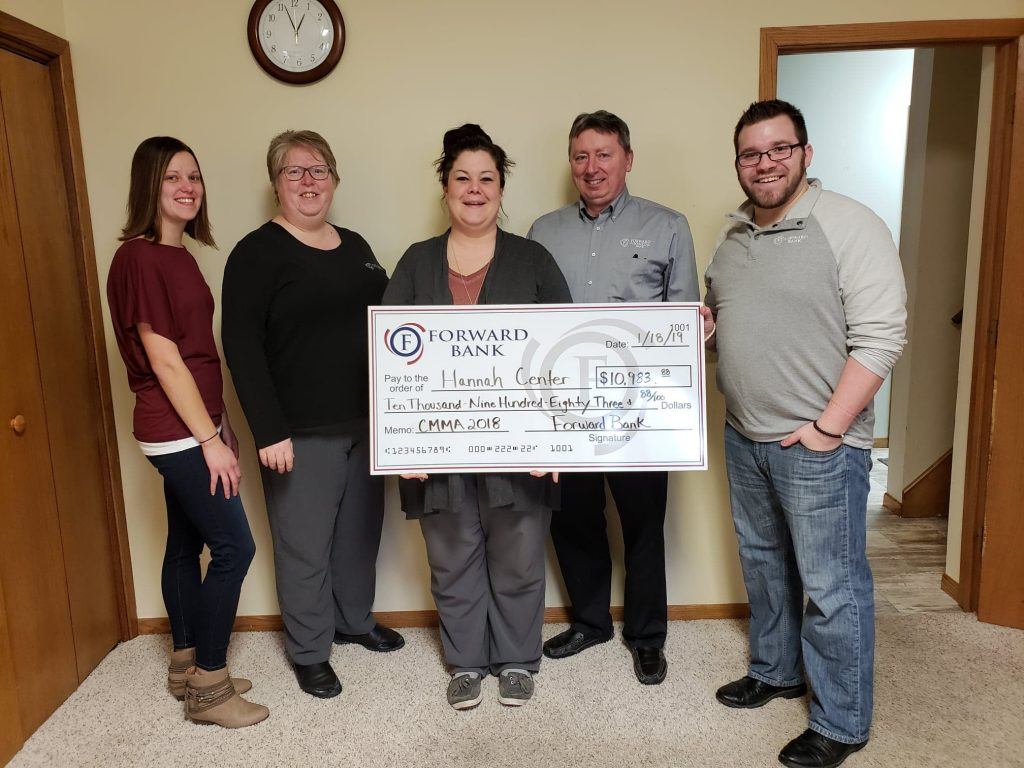 Forward Bank presents Hannah Center in Marshfield with donation for their participation in the Charitable Money Market Account program.