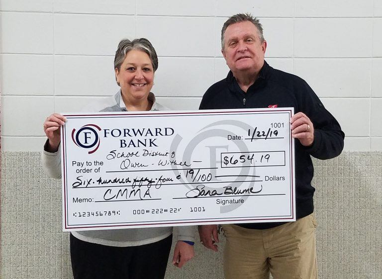 Forward Bank presents School District of Owen-Withee with donation for their participation in the Charitable Money Market Account program.